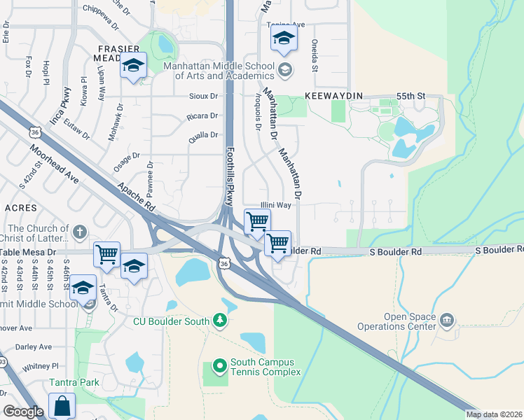 map of restaurants, bars, coffee shops, grocery stores, and more near 115 Seminole Drive in Boulder