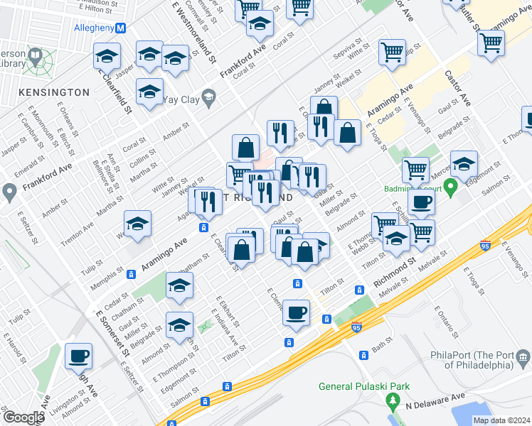 map of restaurants, bars, coffee shops, grocery stores, and more near 3235 Cedar Street in Philadelphia