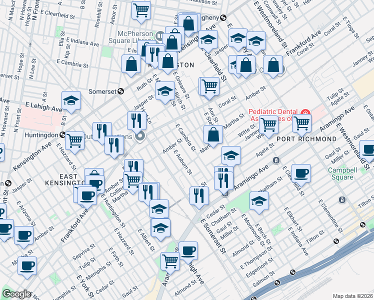 map of restaurants, bars, coffee shops, grocery stores, and more near 2100 East Cambria Street in Philadelphia