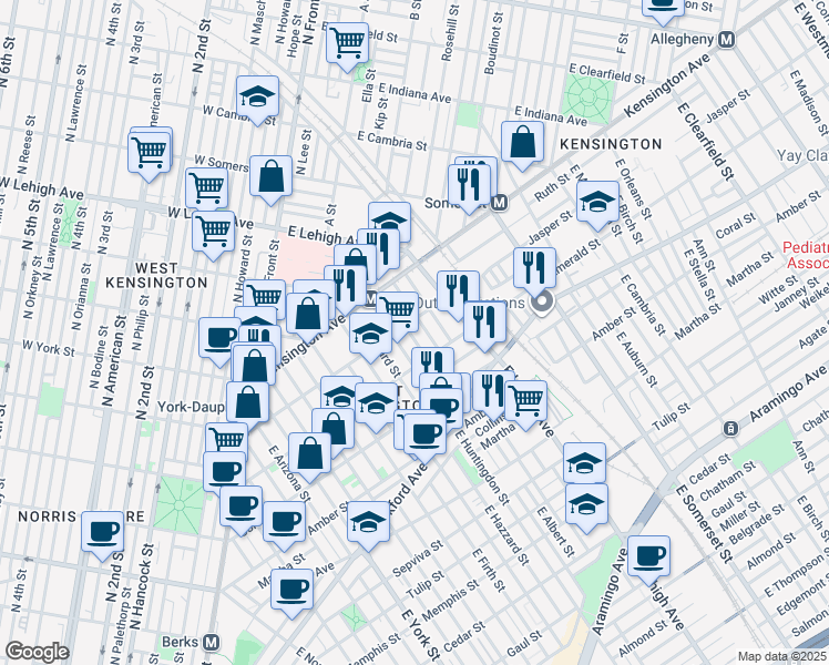 map of restaurants, bars, coffee shops, grocery stores, and more near 1836 East Albert Street in Philadelphia