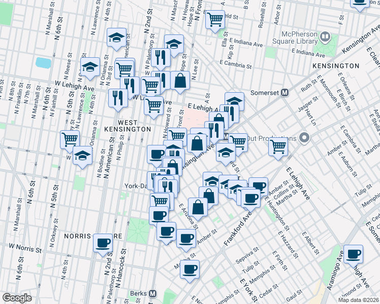 map of restaurants, bars, coffee shops, grocery stores, and more near 2535 North Lee Street in Philadelphia