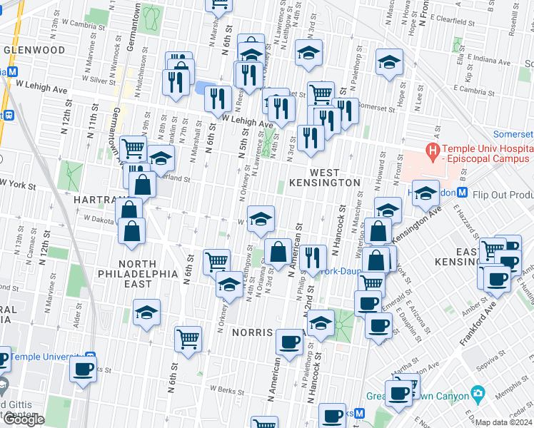 map of restaurants, bars, coffee shops, grocery stores, and more near 2453 North Leithgow Street in Philadelphia