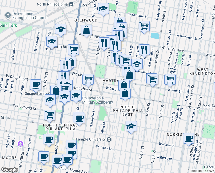 map of restaurants, bars, coffee shops, grocery stores, and more near 1036 West York Street in Philadelphia