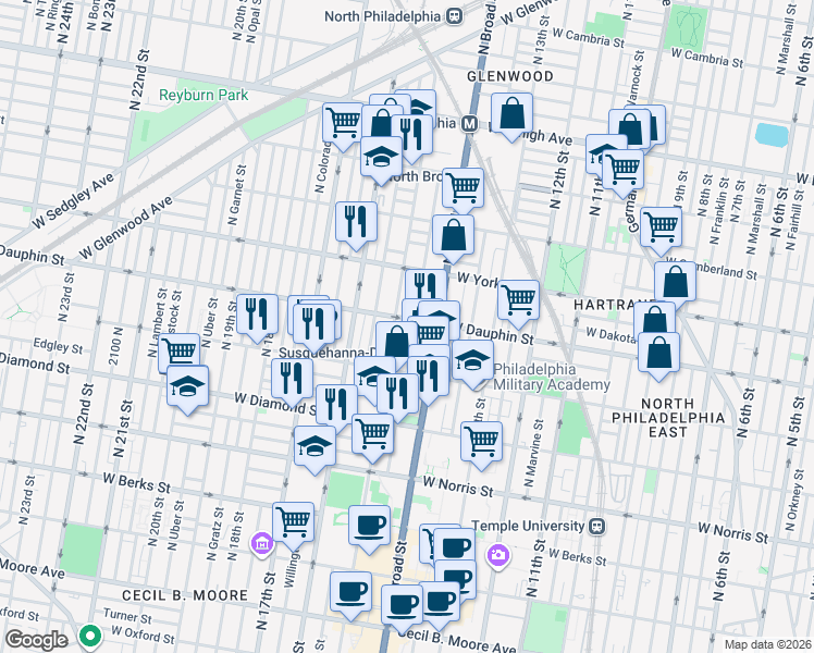 map of restaurants, bars, coffee shops, grocery stores, and more near 2326 North 15th Street in Philadelphia
