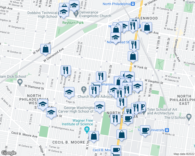 map of restaurants, bars, coffee shops, grocery stores, and more near 2236 North 17th Street in Philadelphia