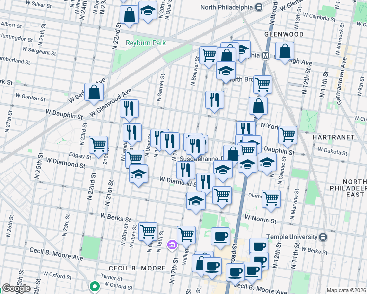 map of restaurants, bars, coffee shops, grocery stores, and more near 2268 North Bouvier Street in Philadelphia