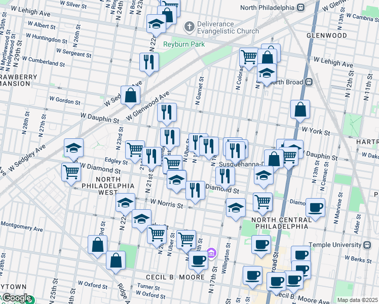map of restaurants, bars, coffee shops, grocery stores, and more near 2215 North Uber Street in Philadelphia