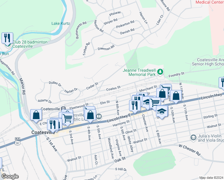 map of restaurants, bars, coffee shops, grocery stores, and more near 577 Poplar Street in Coatesville