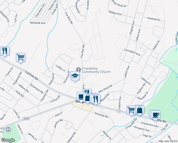 map of restaurants, bars, coffee shops, grocery stores, and more near 3377 Fox Run Road in Dover
