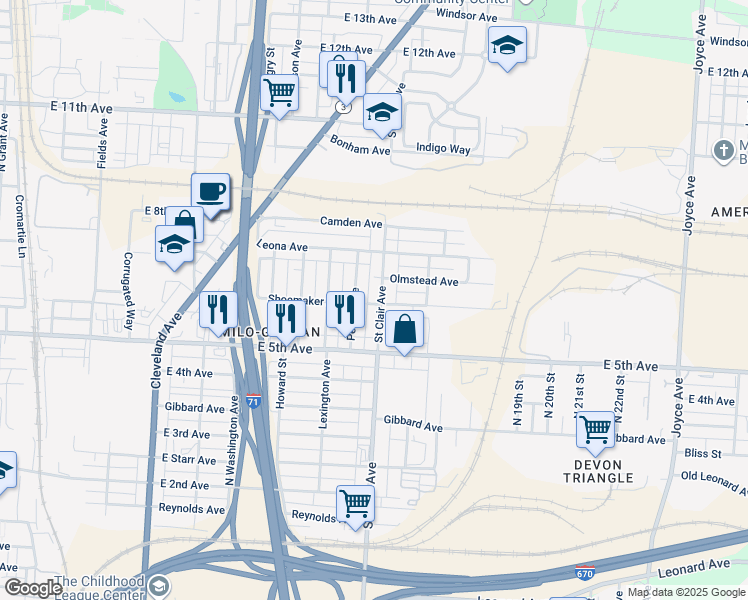 map of restaurants, bars, coffee shops, grocery stores, and more near 1133 Saint Clair Avenue in Columbus