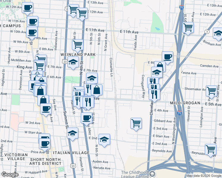 map of restaurants, bars, coffee shops, grocery stores, and more near 1219 Cromartie Lane in Columbus
