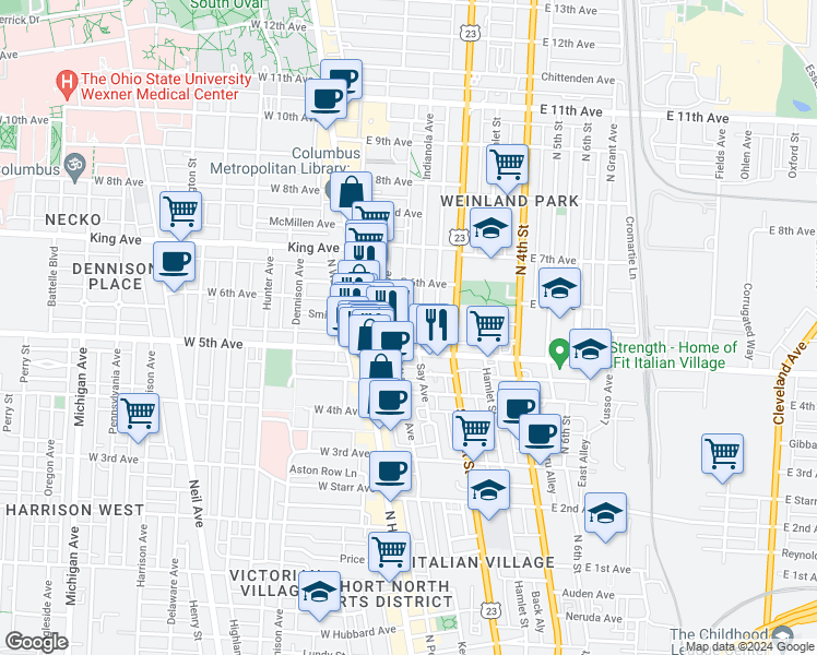map of restaurants, bars, coffee shops, grocery stores, and more near 1265 Indianola Avenue in Columbus