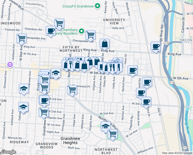 map of restaurants, bars, coffee shops, grocery stores, and more near 1150 West 5th Avenue in Columbus