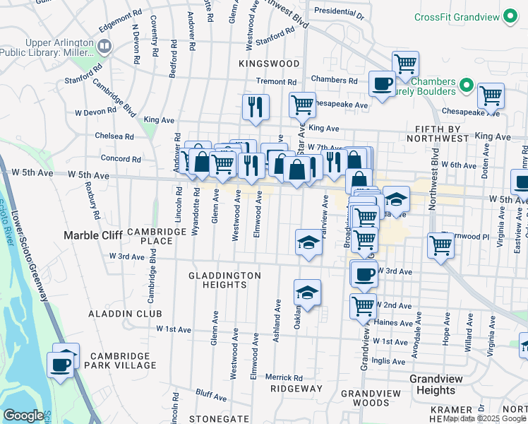 map of restaurants, bars, coffee shops, grocery stores, and more near 1537 Ashland Avenue in Columbus