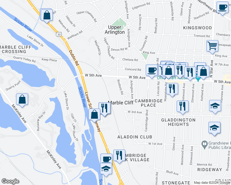 map of restaurants, bars, coffee shops, grocery stores, and more near 1599 Roxbury Road in Marble Cliff
