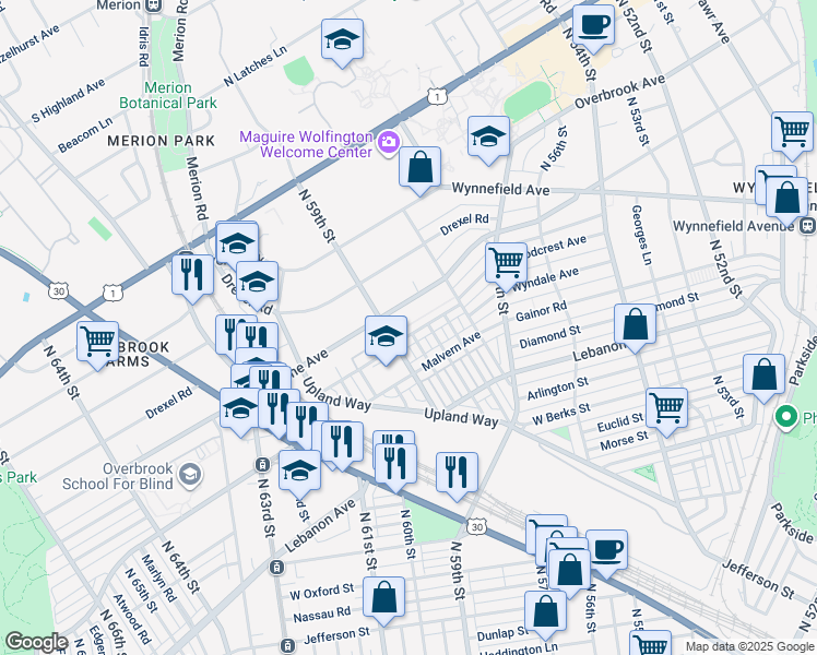 map of restaurants, bars, coffee shops, grocery stores, and more near 5873 Woodcrest Avenue in Philadelphia