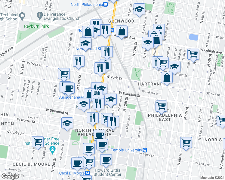 map of restaurants, bars, coffee shops, grocery stores, and more near 2303 North Park Avenue in Philadelphia