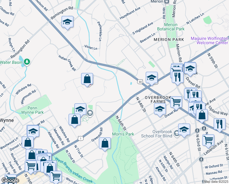 map of restaurants, bars, coffee shops, grocery stores, and more near 1001 City Avenue in Wynnewood