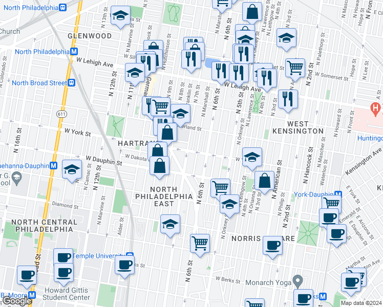 map of restaurants, bars, coffee shops, grocery stores, and more near 630 West York Street in Philadelphia