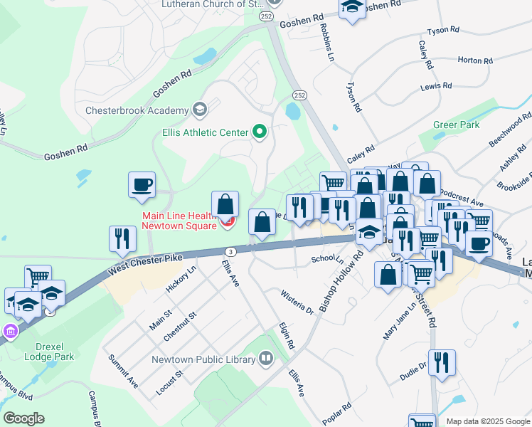 map of restaurants, bars, coffee shops, grocery stores, and more near 3837 West Chester Pike in Newtown Square