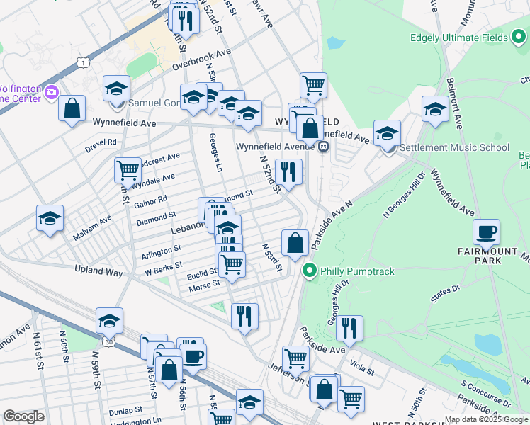 map of restaurants, bars, coffee shops, grocery stores, and more near 5238 Lebanon Avenue in Philadelphia