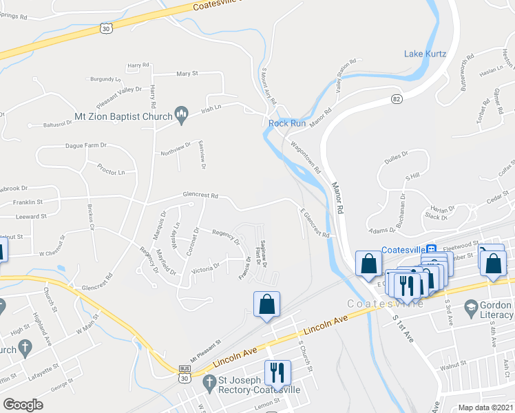 map of restaurants, bars, coffee shops, grocery stores, and more near 365 Glencrest Road in Coatesville