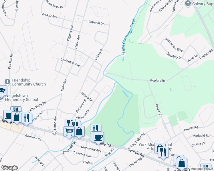 map of restaurants, bars, coffee shops, grocery stores, and more near 1862 Pineview Drive in York