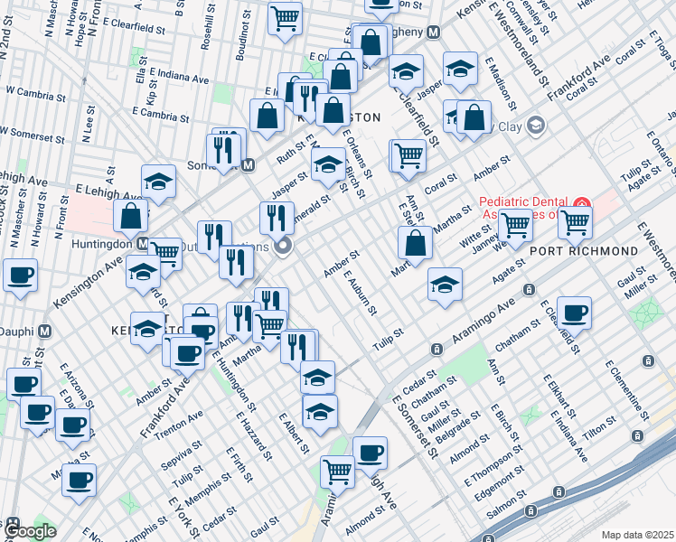 map of restaurants, bars, coffee shops, grocery stores, and more near 2831 Amber Street in Philadelphia