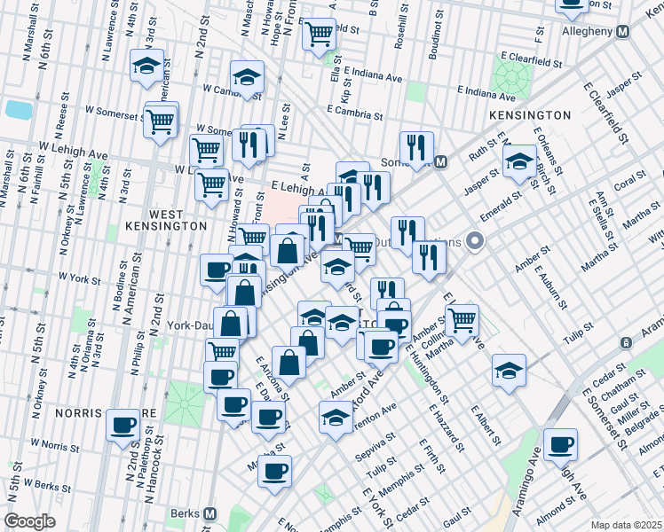 map of restaurants, bars, coffee shops, grocery stores, and more near 1830 East Hazzard Street in Philadelphia