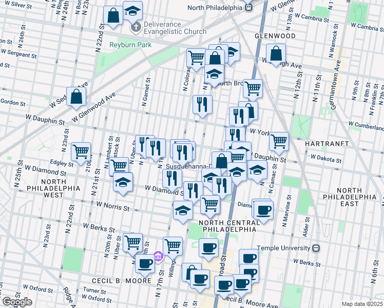 map of restaurants, bars, coffee shops, grocery stores, and more near 2250 North Bancroft Street in Philadelphia