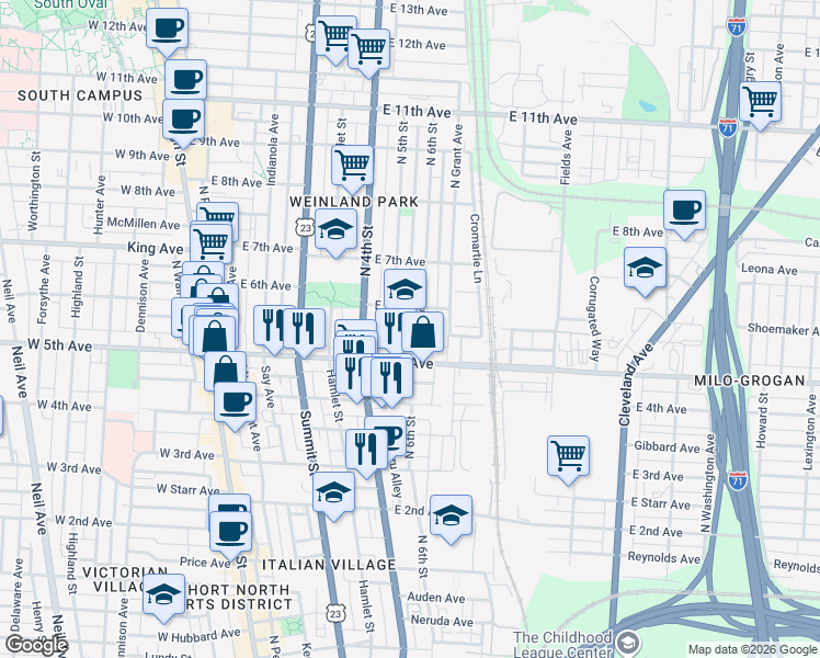 map of restaurants, bars, coffee shops, grocery stores, and more near 303 East 6th Avenue in Columbus