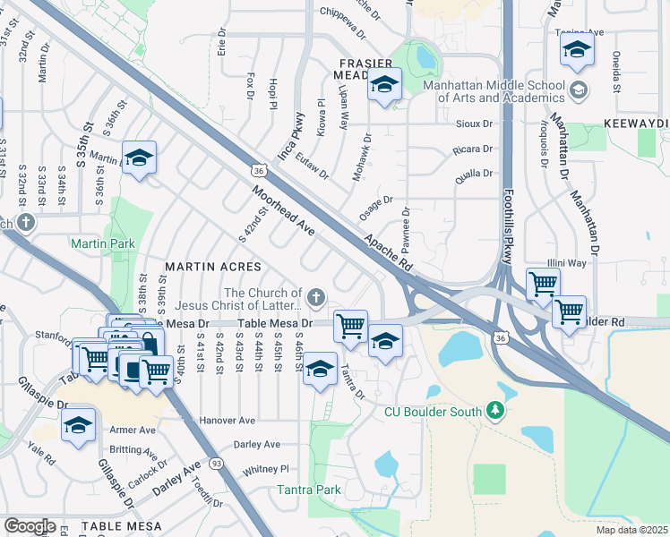 map of restaurants, bars, coffee shops, grocery stores, and more near 4658 Ingram Court in Boulder