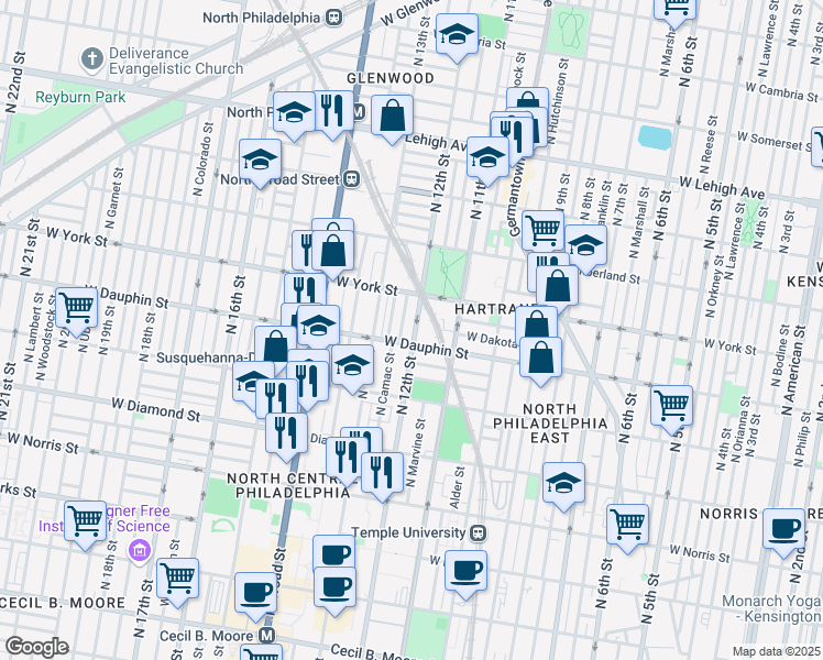 map of restaurants, bars, coffee shops, grocery stores, and more near 2316 North 12th Street in Philadelphia