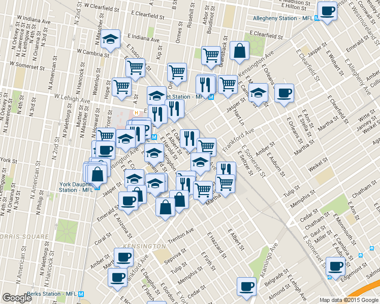 map of restaurants, bars, coffee shops, grocery stores, and more near 1937 East Oakdale Street in Philadelphia