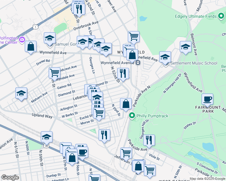 map of restaurants, bars, coffee shops, grocery stores, and more near 5238 Lebanon Avenue in Philadelphia
