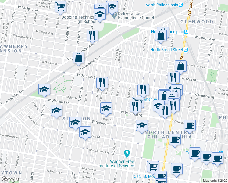map of restaurants, bars, coffee shops, grocery stores, and more near 2217 North Uber Street in Philadelphia