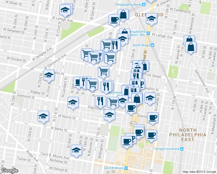 map of restaurants, bars, coffee shops, grocery stores, and more near 2248 North Chadwick Street in Philadelphia