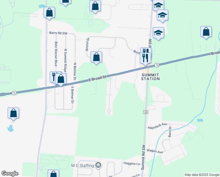 map of restaurants, bars, coffee shops, grocery stores, and more near 14535 East Broad Street in Pataskala