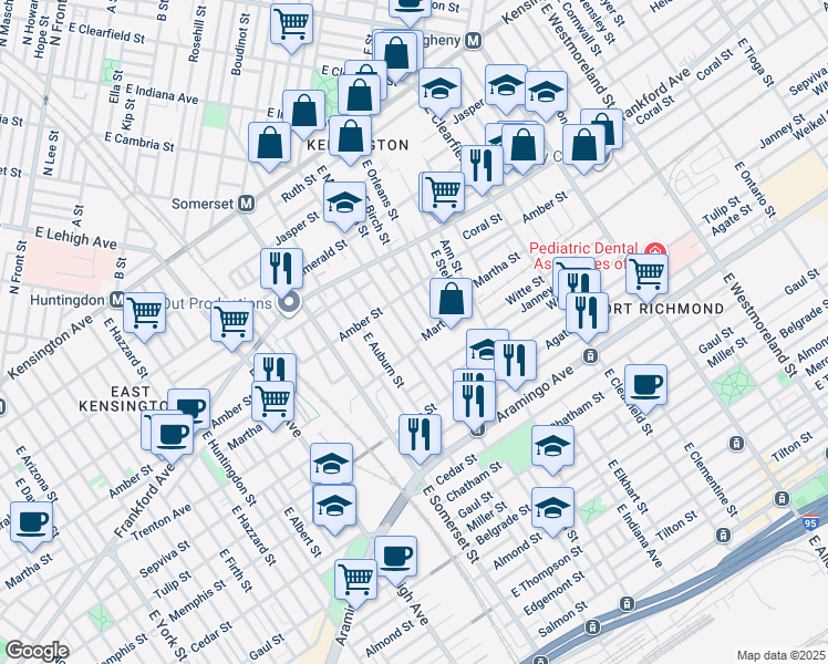 map of restaurants, bars, coffee shops, grocery stores, and more near 2153 East Cambria Street in Philadelphia