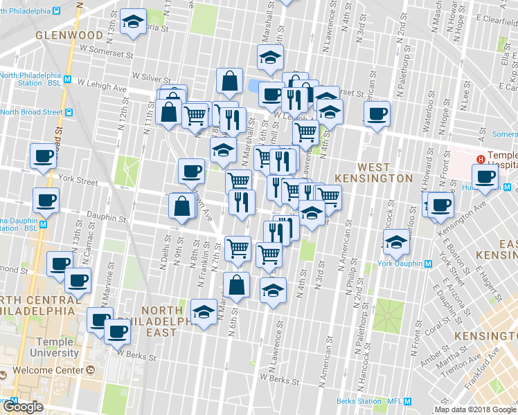 map of restaurants, bars, coffee shops, grocery stores, and more near 2402 North Fairhill Street in Philadelphia