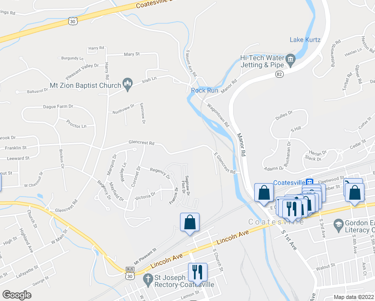 map of restaurants, bars, coffee shops, grocery stores, and more near 398 Glencrest Road in Coatesville