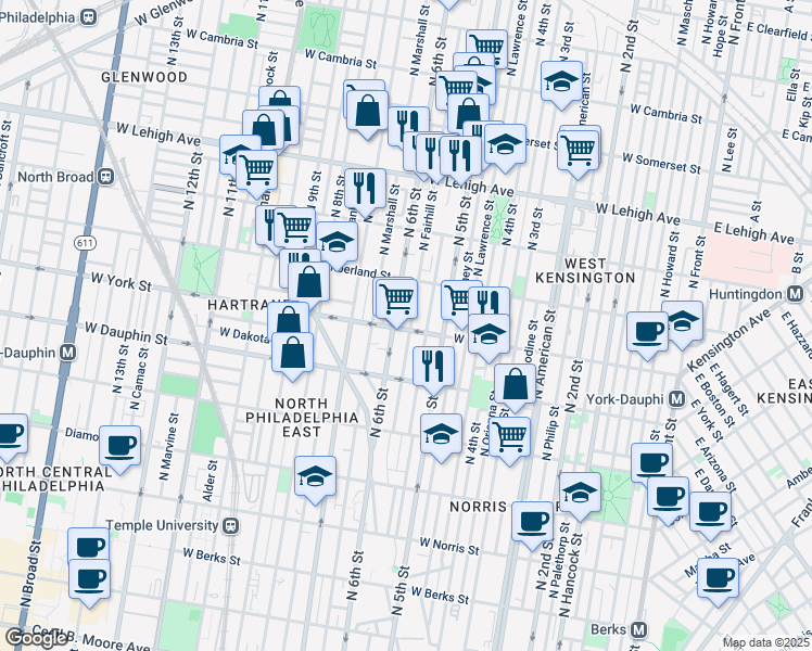 map of restaurants, bars, coffee shops, grocery stores, and more near 2402 North Fairhill Street in Philadelphia