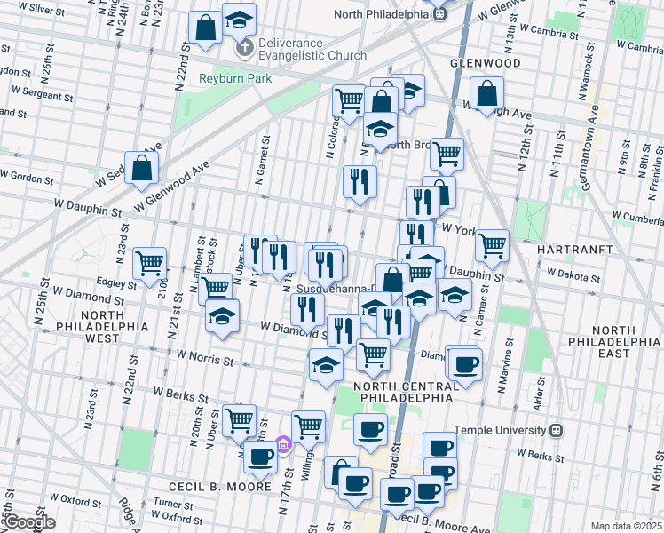 map of restaurants, bars, coffee shops, grocery stores, and more near 2248 North Chadwick Street in Philadelphia