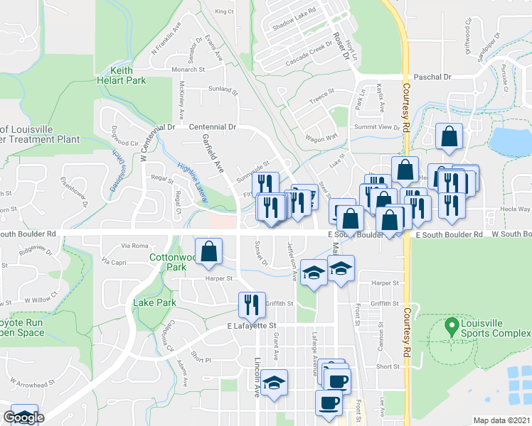 map of restaurants, bars, coffee shops, grocery stores, and more near 585 East South Boulder Road in Louisville