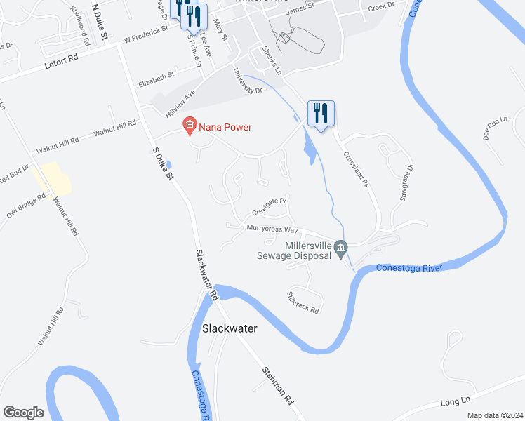 map of restaurants, bars, coffee shops, grocery stores, and more near Crestgate Place in Millersville