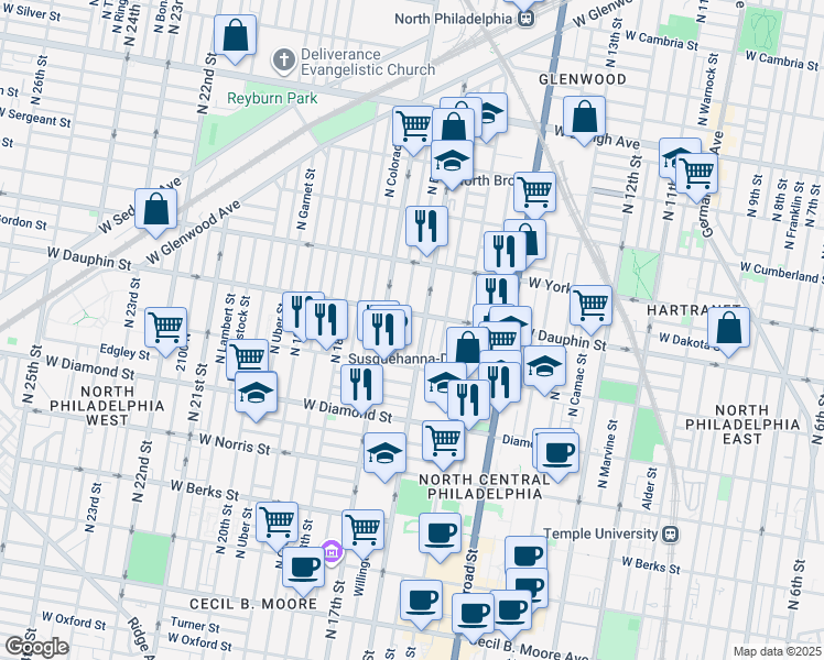 map of restaurants, bars, coffee shops, grocery stores, and more near 2255 North Bancroft Street in Philadelphia