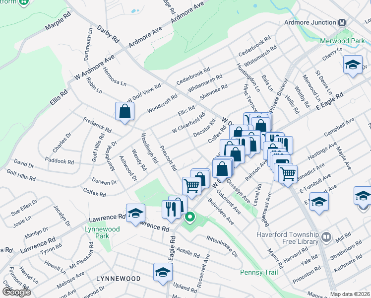 map of restaurants, bars, coffee shops, grocery stores, and more near 61 Decatur Road in Havertown
