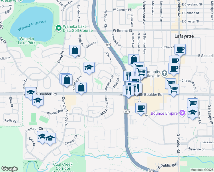 map of restaurants, bars, coffee shops, grocery stores, and more near 1274 Milo Circle in Lafayette