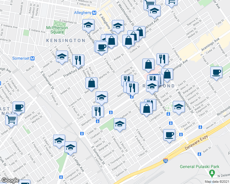 map of restaurants, bars, coffee shops, grocery stores, and more near 3050 Tulip Street in Philadelphia