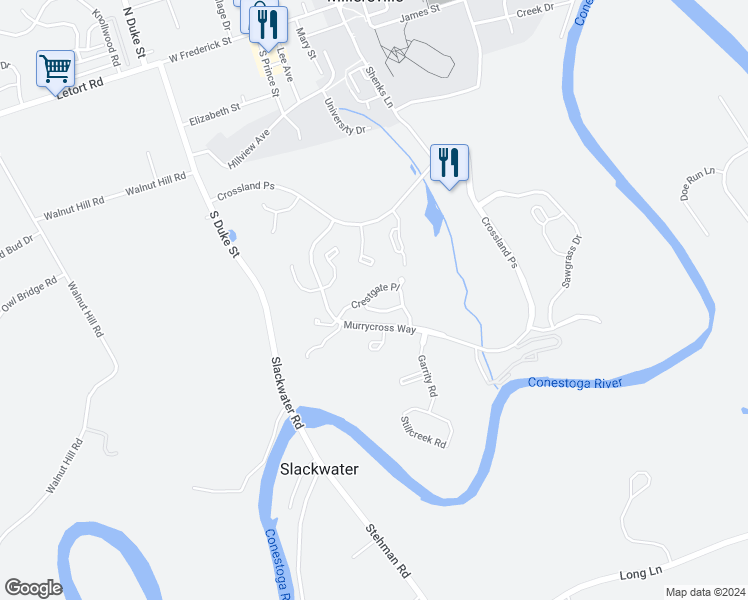 map of restaurants, bars, coffee shops, grocery stores, and more near 615 Crestgate Place in Millersville